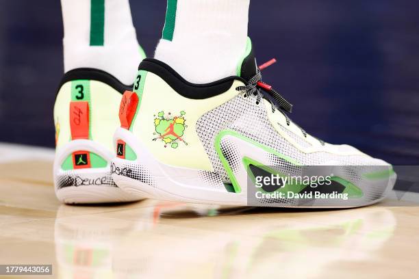 View of the Jordan sneakers worn by Jayson Tatum of the Boston Celtics against the Minnesota Timberwolves in the first quarter at Target Center on...