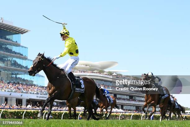 Mark Zahra riding Without a Fight wins the Lexus Melbourne Cup during Melbourne Cup Day at Flemington Racecourse on November 07, 2023 in Melbourne,...