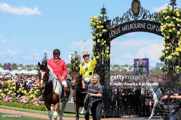 Jockey Mark Zahra riding Without A Fight reacts after winning the Lexus Melbourne Cup during Melbourne Cup Day at Flemington Racecourse on November...