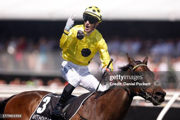 Mark Zahra riding Without A Fight wins Race 7, the Lexus Melbourne Cup during Melbourne Cup Day at Flemington Racecourse on November 07, 2023 in...