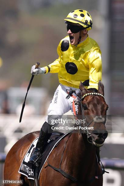 Mark Zahra riding Without A Fight wins Race 7, the Lexus Melbourne Cup during Melbourne Cup Day at Flemington Racecourse on November 07, 2023 in...