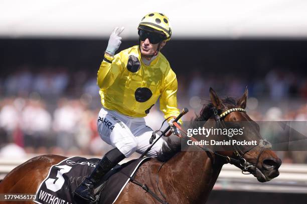 Mark Zahra riding Without A Fight wins Race 7, the Lexus Melbourne Cup during Melbourne Cup Day at Flemington Racecourse on November 07, 2023 in...