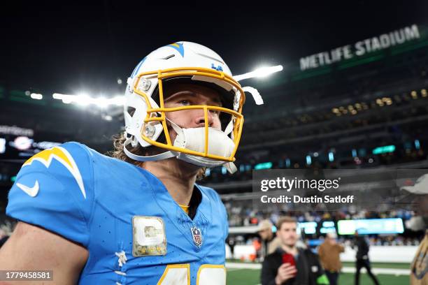 Justin Herbert of the Los Angeles Chargers reacts after defeating the New York Jets 27-6 at MetLife Stadium on November 06, 2023 in East Rutherford,...