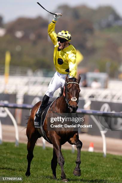 Mark Zahra riding Without A Fight wins Race 7, the Lexus Melbourne Cup during Melbourne Cup Day at Flemington Racecourse on November 07, 2023 in...