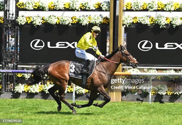 Mark Zahra riding Without A Fight winning Race 7, the Lexus Melbourne Cup, during Melbourne Cup Day at Flemington Racecourse on November 07, 2023 in...