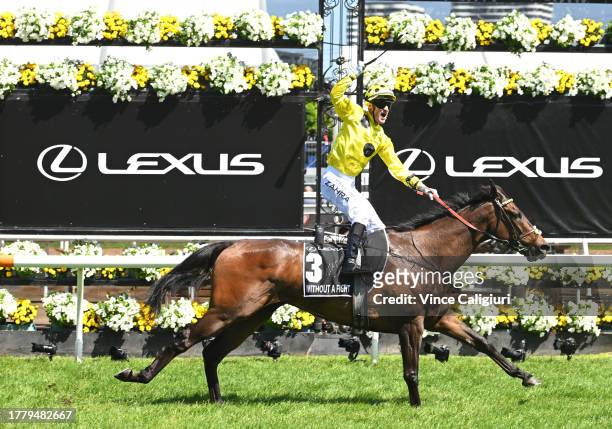 Mark Zahra riding Without A Fight winning Race 7, the Lexus Melbourne Cup, during Melbourne Cup Day at Flemington Racecourse on November 07, 2023 in...