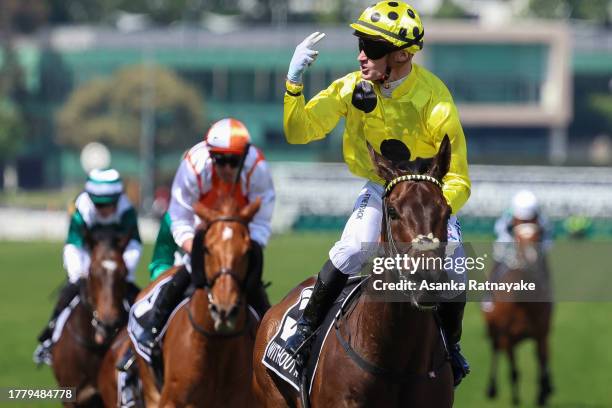 Jockey Mark Zahra riding Without A Fight reacts after winning the Lexus Melbourne Cup during Melbourne Cup Day at Flemington Racecourse on November...