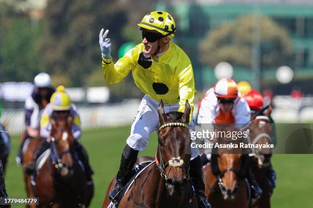 Jockey Mark Zahra riding Without A Fight reacts after winning the Lexus Melbourne Cup during Melbourne Cup Day at Flemington Racecourse on November...