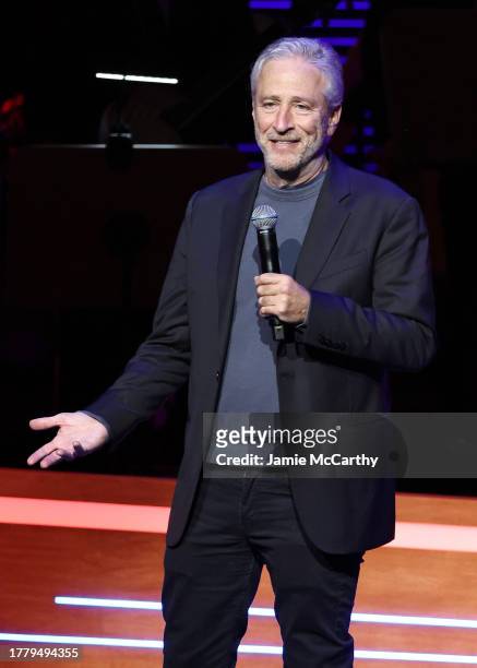 Jon Stewart performs onstage during the 17th Annual Stand Up For Heroes Benefit presented by Bob Woodruff Foundation and NY Comedy Festival at David...