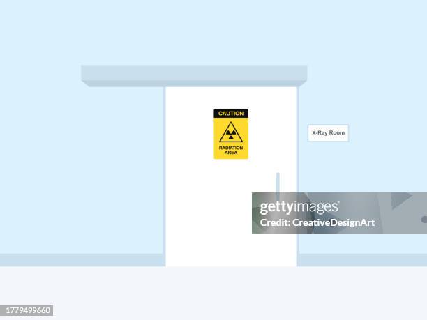 front view of x-ray room in hospital corridor. yellow radiation precaution sign on the door. high radiation area and hazard - data entry lab stock illustrations