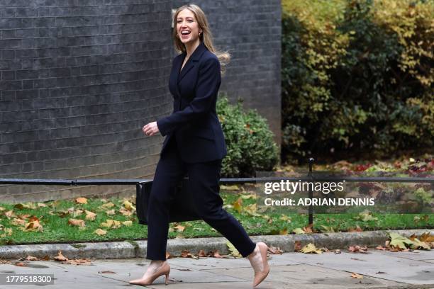 Britain's Minister for Pensions Laura Trott arrives to Number 10 Downing Street in central London on November 13, 2023 following a cabinet reshuffle....