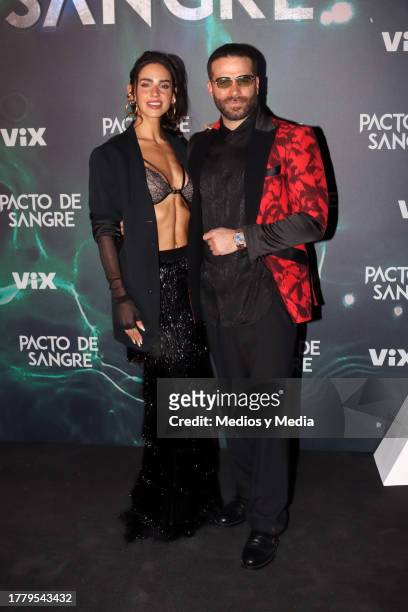Barbara de Regil and Alejandro Nones pose for photos during Pacto de Sangre Red Carpet at Colonia Roma on November 6, 2023 in Mexico City, Mexico.