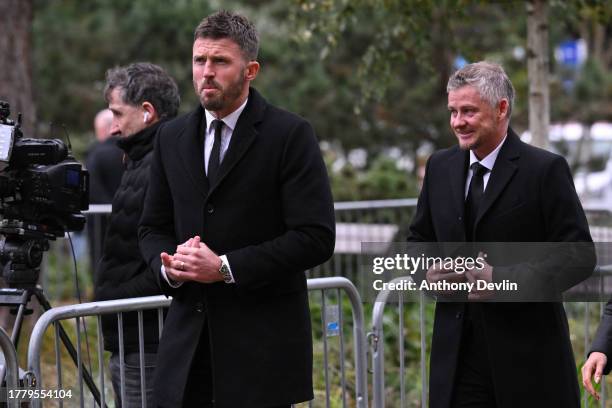 Former Manchester United players MIchael Carrick and Ole Gunnar Solskjaer attend the funeral of Sir Bobby Charlton at Manchester Cathedral on...