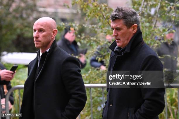 Former Manchester United players Nicky Butt and Roy Keane attends the funeral of Sir Bobby Charlton at Manchester Cathedral on November 13, 2023 in...