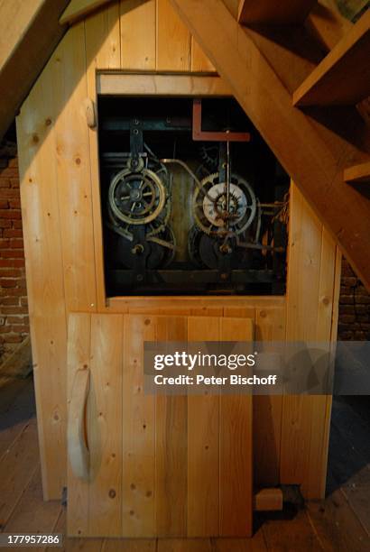 Zahnräder im Kirchturm der Zionskirche, Worpswede , Teufelsmoor, Niedersachsen, Deutschland, Europa, Künstlerkolonie, Künstlerdorf, Reise,