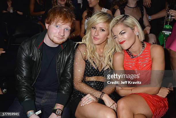 Ed Sheeran, Ellie Goulding and Rita Ora attend the 2013 MTV Video Music Awards at the Barclays Center on August 25, 2013 in the Brooklyn borough of...