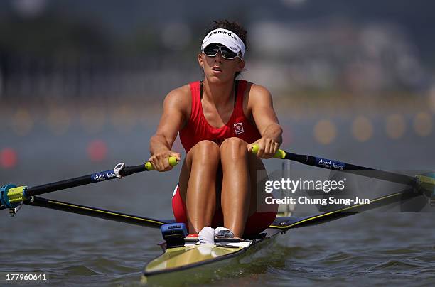 Magdalena Lobnig of Austria competes in the Women's Single Sculls during day two of the 2013 World Rowing Championships on August 26, 2013 in...