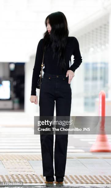 Jennie Kim of BLACKPINK is seen leaving Incheon International Airport for the Chanel Spring-Summer 2024 Ready-to-Wear Show on September 30, 2023 in...