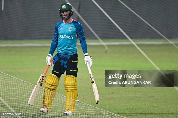 Australia's Glenn Maxwell looks on during a practice session ahead of their 2023 ICC Men's Cricket World Cup one-day international semi-final match...