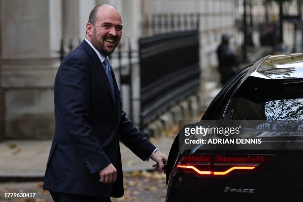 Britain's newly appointed Conservative Party chairperson Richard Holden leaves from 10 Downing Street in central London on November 13, 2023...
