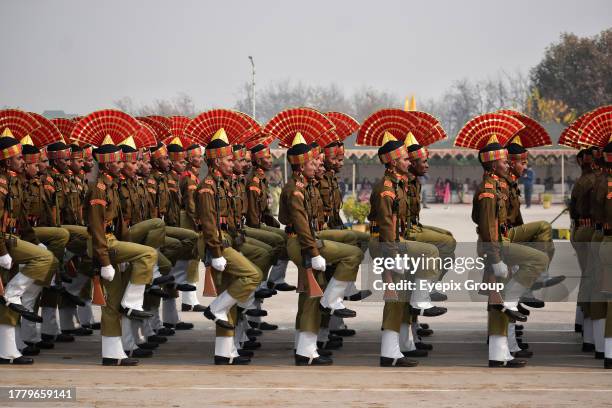 November 09 Srinagar Kashmir, India : New recruits of the Indian Border Security Force march as they take part during a passing out parade in...