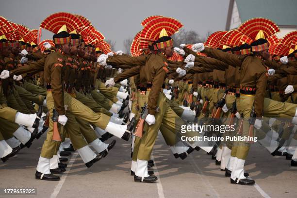 November 09 Srinagar Kashmir, India : New recruits of the Indian Border Security Force march as they take part during a passing out parade in...