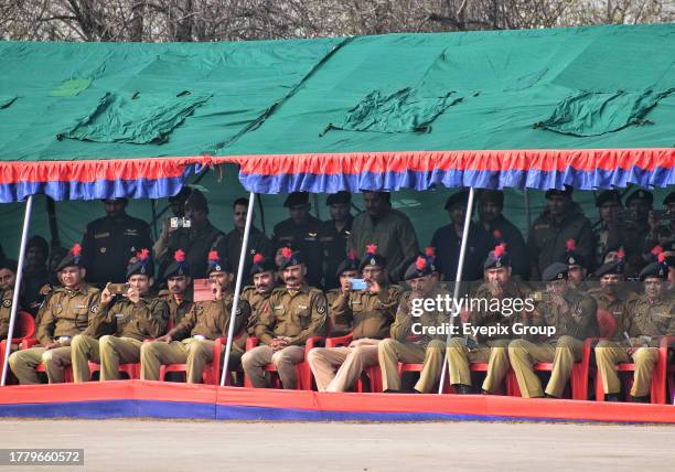 November 09 Srinagar Kashmir, India : Soldiers of Indian Border security force watch a passing out parade in Humhama, on the outskirts of Srinagar. A...