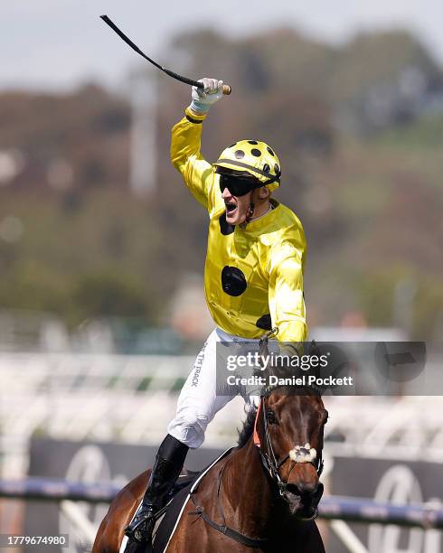 Mark Zahra riding Without A Fight wins Race 7, the Lexus Melbourne Cup during Melbourne Cup Day at Flemington Racecourse on November 07, 2023 in...