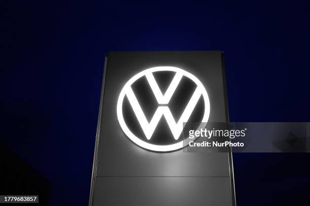 The Volkswagen logo, the German automobile manufacturer and the largest automotive manufacturer by worldwide sales, captured in one of its shops in...