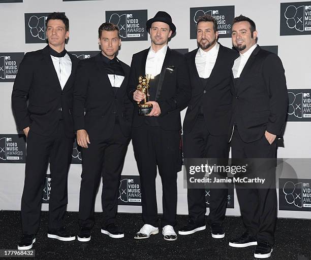 Chasez, Lance Bass, Justin Timberlake, Joey Fatone and Chris Kirkpatrick of N'Sync pose with the Michael Jackson Video Vanguard Award at the 2013 MTV...