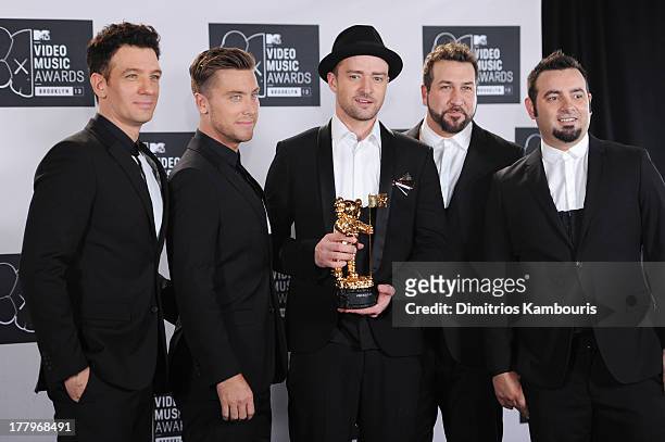 Chasez, Lance Bass, Justin Timberlake, Joey Fatone and Chris Kirkpatrick of N'Sync attend the 2013 MTV Video Music Awards at the Barclays Center on...