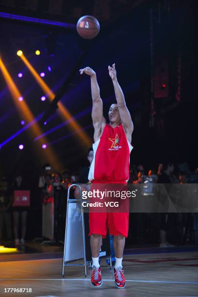 American professional basketball players Jeremy Lin of the Houston Rockets meets fans at MasterCard Center on August 24, 2013 in Beijing, China.