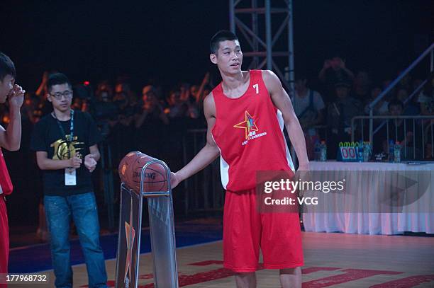 American professional basketball players Jeremy Lin of the Houston Rockets meets fans at MasterCard Center on August 24, 2013 in Beijing, China.