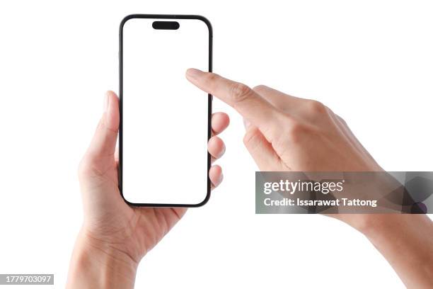 woman point finger smartphone screen isolated white color background - finger stock-fotos und bilder