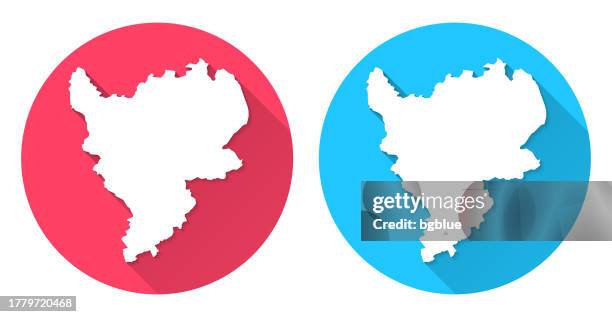 east midlands map. round icon with long shadow on red or blue background - leicester stock illustrations