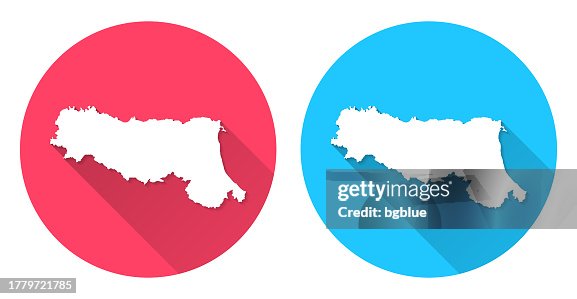 Emilia-Romagna map. Round icon with long shadow on red or blue background Emilia-Romagna map. Round icon with long shadow on red or blue background