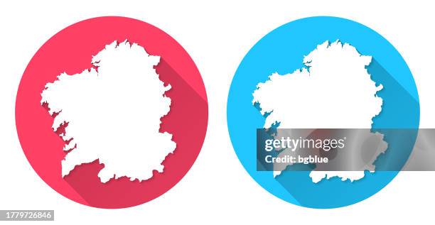galicia map. round icon with long shadow on red or blue background - santiago de compostela stock illustrations