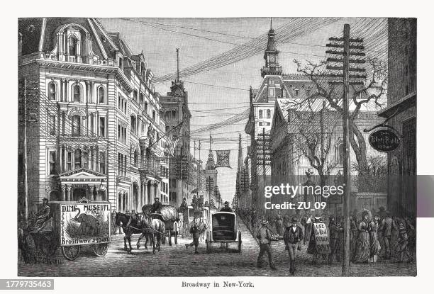 lower broadway in new york, usa, wood engraving, published 1894 - lower broadway stock illustrations