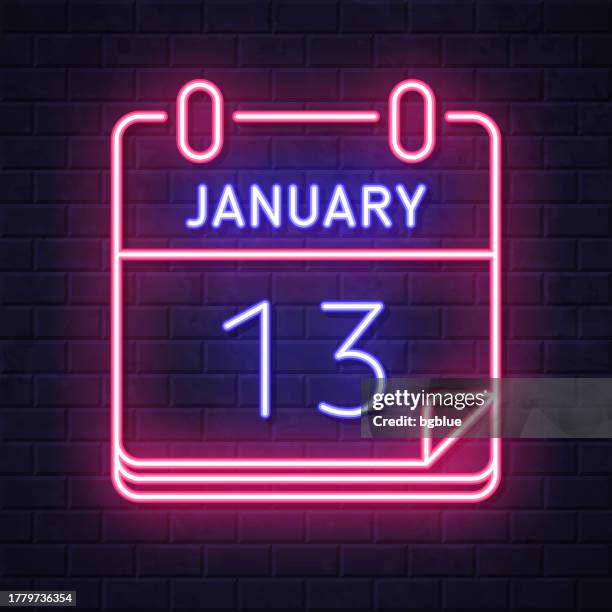january 13. glowing neon icon on brick wall background - number 13 stock illustrations