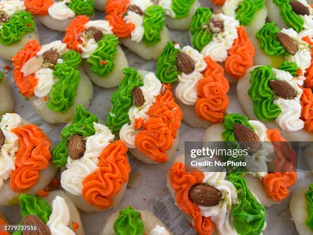 Traditional Indian sweets displayed during the festival of Diwali at a sweetshop in Mississauga, Ontario, Canada, on November 12, 2023.