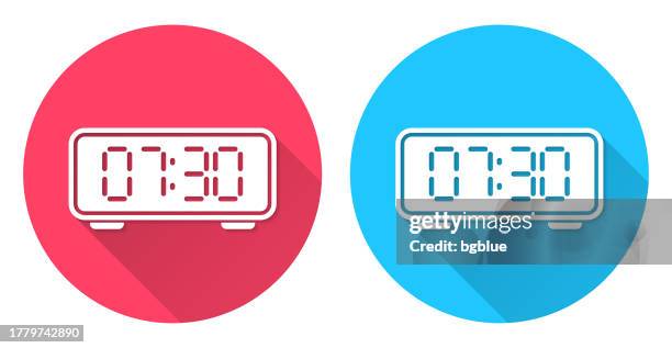 digital clock. round icon with long shadow on red or blue background - digital clock numbers stock illustrations