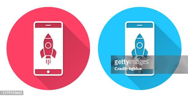smartphone with rocket. round icon with long shadow on red or blue background - kick off call stock illustrations