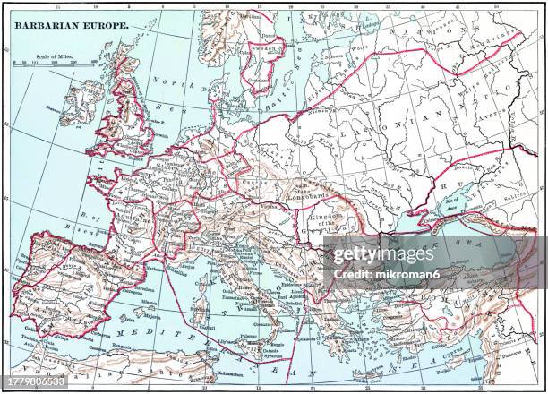 old chromolithograph map of the barbarian europe - ireland border stock pictures, royalty-free photos & images