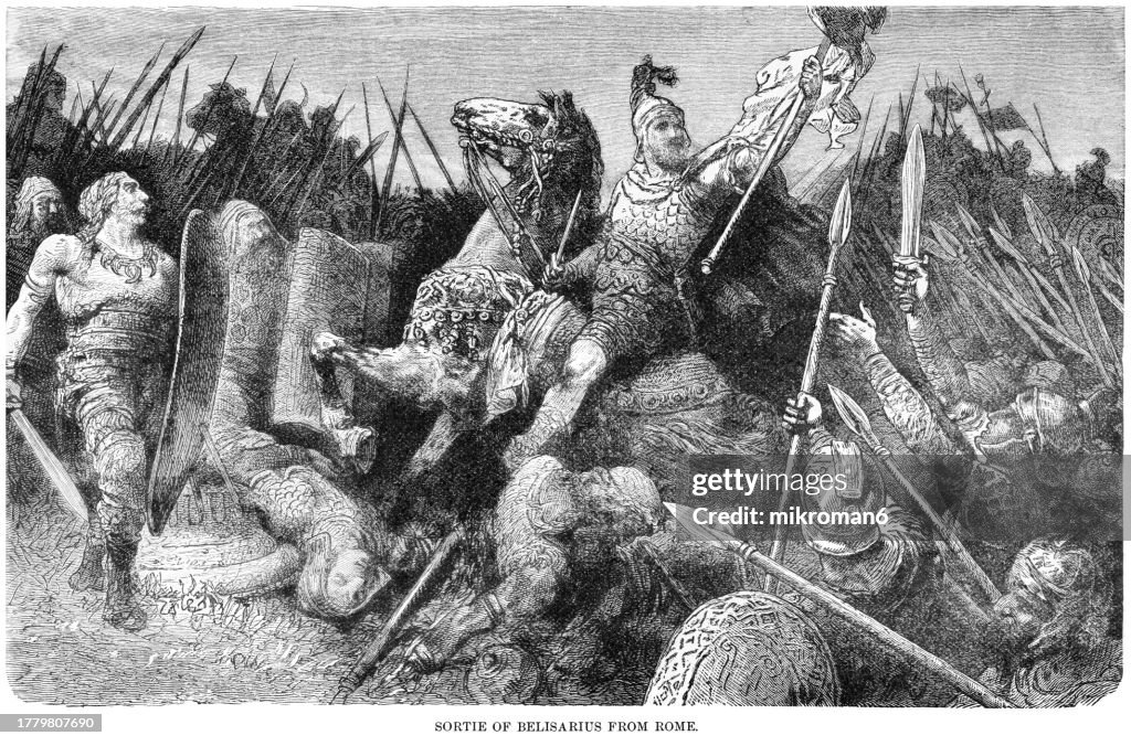 Old engraving illustration of sortie of army of Byzantine Roman General Belisarius from Rome