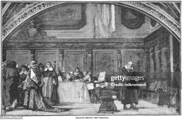 old engraved illustration of galileo galilei (1564-1642) before inquisition (members of the holy office in the vatican in 1633) - christian richter stock-fotos und bilder