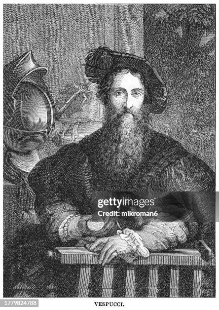 portrait of amerigo vespucci, italian merchant, explorer, and navigator from the italy, from whose name the terms america and americas are derive - iberian ethnicity stock pictures, royalty-free photos & images