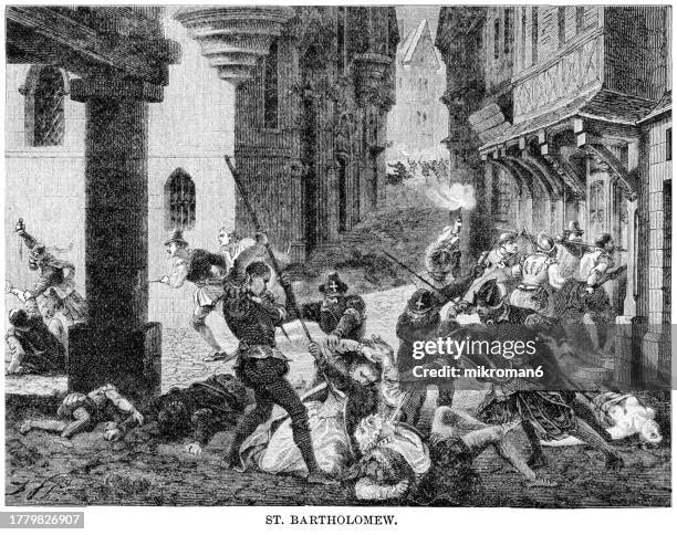 old engraved illustration of the st. bartholomew's day massacre - mass murder stock pictures, royalty-free photos & images