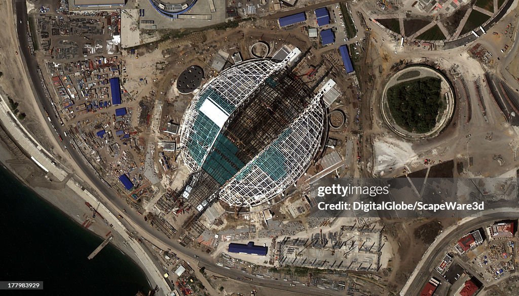 This is the "Fisht" Olympic Stadium under construction in Sochi, Russia captured by a DigitalGlobe Satellite on August 22, 2013.