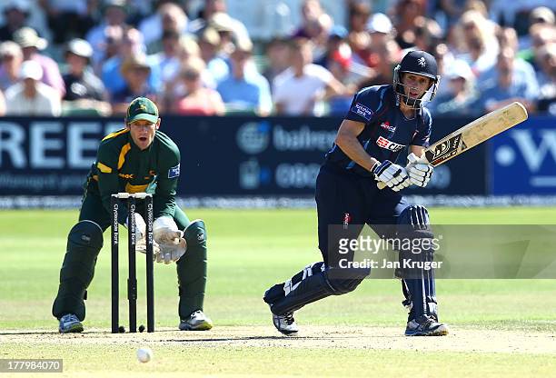 Brendan Nash of Kent plays the ball through mid-wicket during the Yorkshire Bank 40 match between Kent Spitfires and Nottinghamshire Outlaws at The...