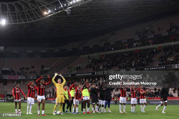 Nice players celebrate the 2-0 victory in front of their fans following the final whistle of the Ligue 1 Uber Eats match between OGC Nice and Stade...